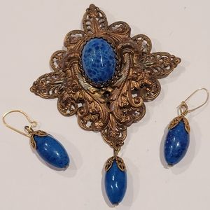 Edwardian Lapis Lazuli Brooch & Earrings